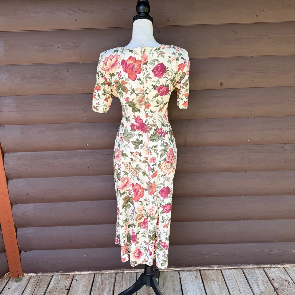 Vtg Paris Sport Club Floral Midi Dress Womens 7/8 Cream Pink 90s Lace Up Waist - Picture 5 of 10